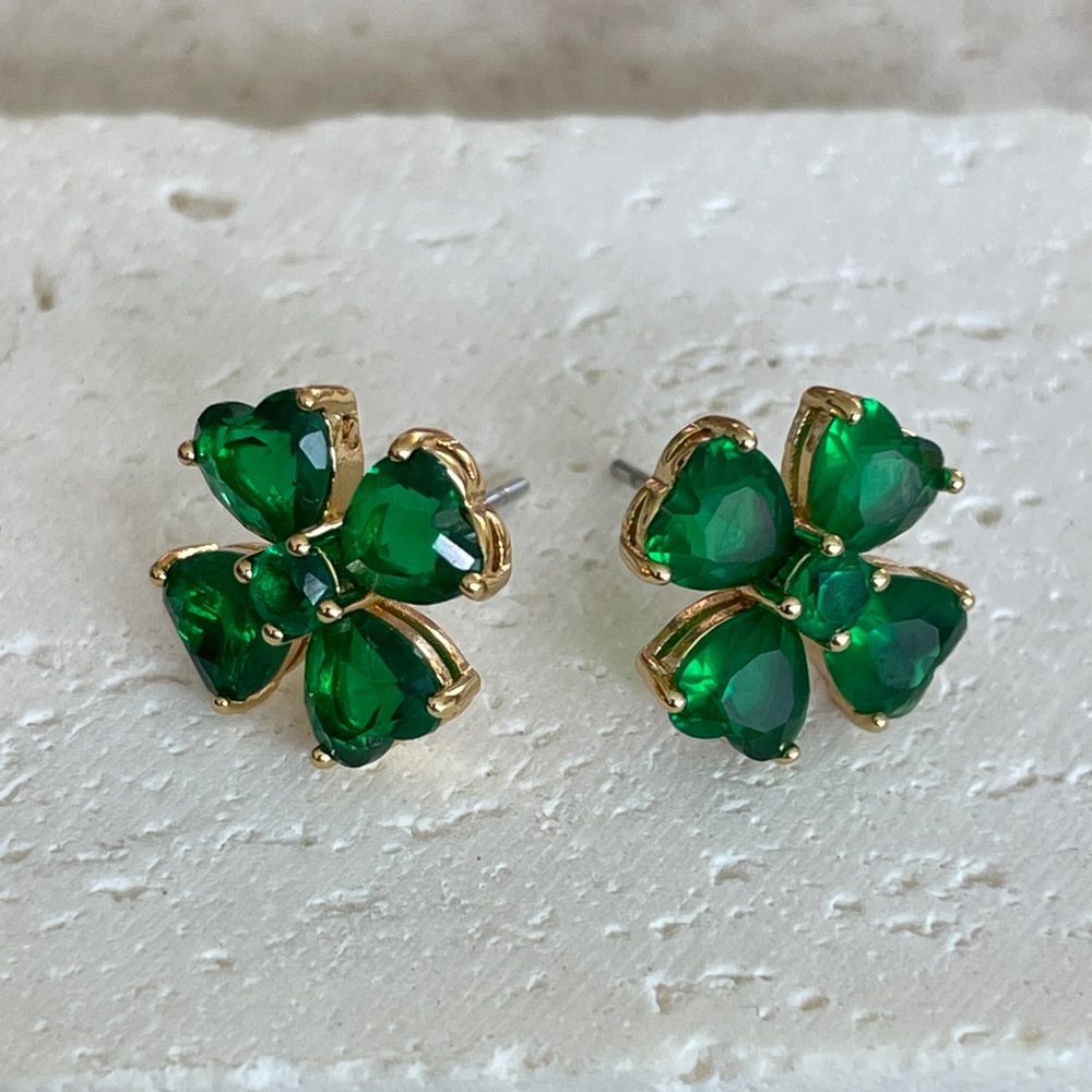 Swarovski Green Crystal Clover Stud Earrings Gold Tone Lucky Four Leaf